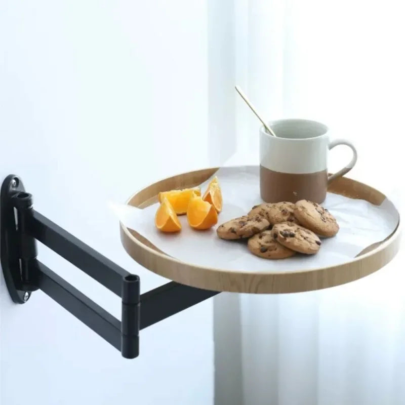 plateau mural escamotable moderne minimaliste bois grainé support métallique articulé fixations vis