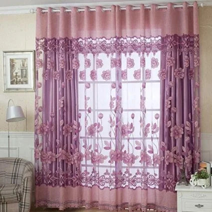 rideaux polonais floral translucides rose violet marron brodés chanvre romantiques salon chambre