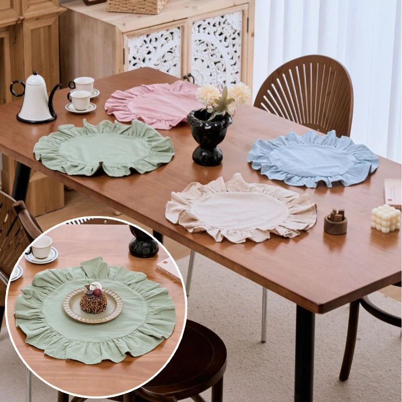 serviettes table vert pastel rose clair bleu clair doublure apparente bord volanté machine washable