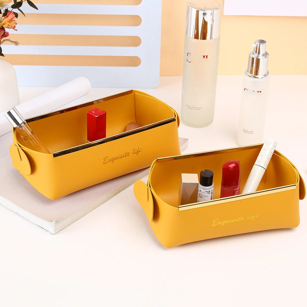 boîtes rangement cosmétiques pliables modernes vert foncé rouge rose marron jaune simili cuir doré