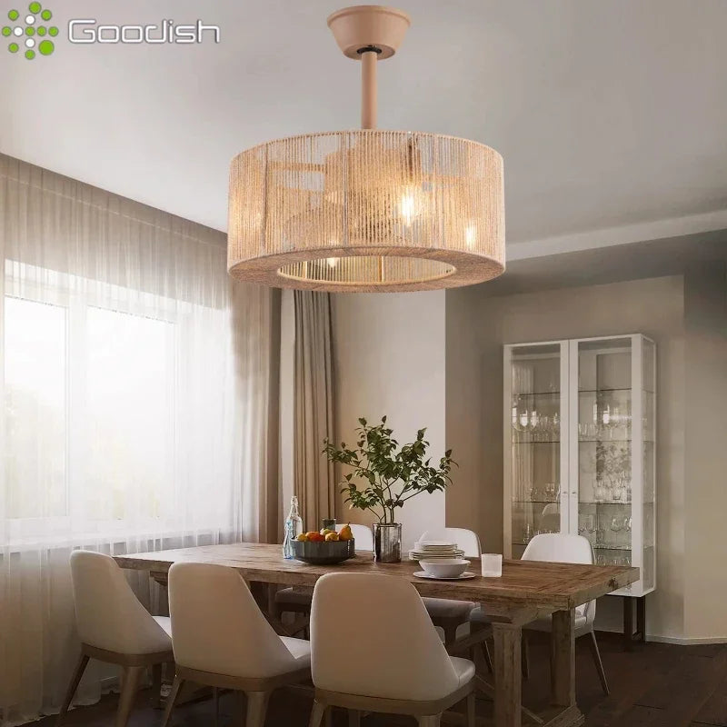 lampe suspendue tissu tressé beige moderne rustique télécommande led salon chambre