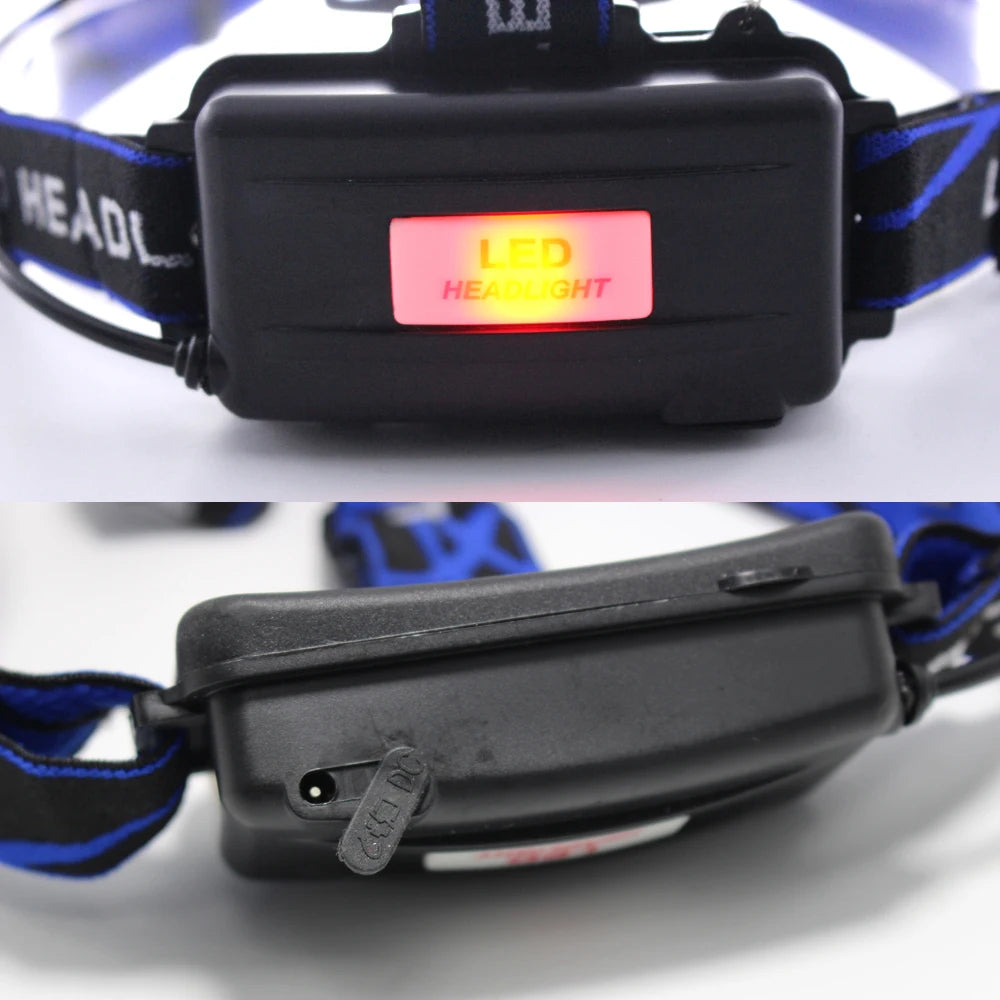 lampe frontale led rechargeable noir bleu rayures diagonales verre transparent mode zoom camping