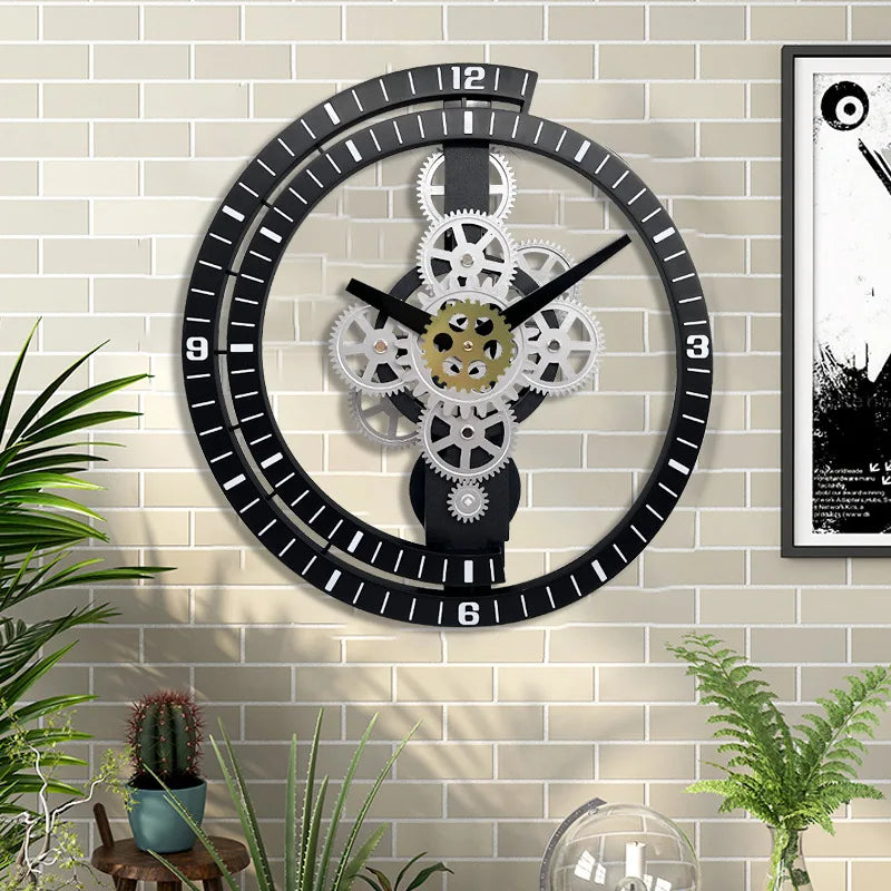 horloge murale décorative engrenages industriels noir blanc doré chiffres cercle métal transparent salon