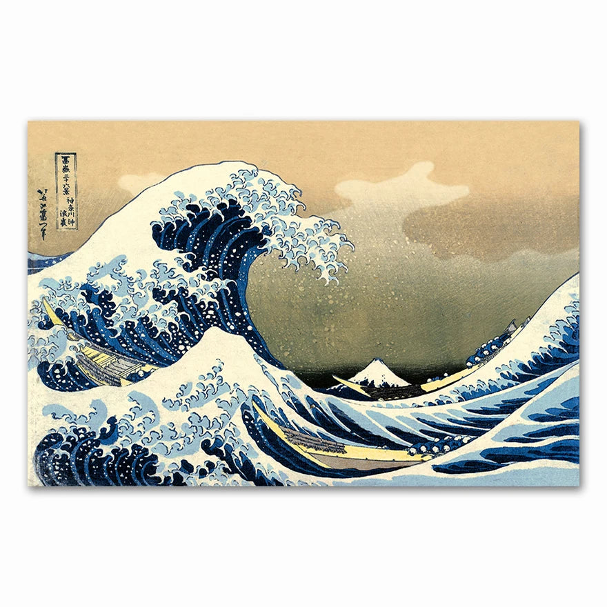 toile art japonais ukiyoe vague paysage bleu blanc vertical salon décoration huile moderne sans