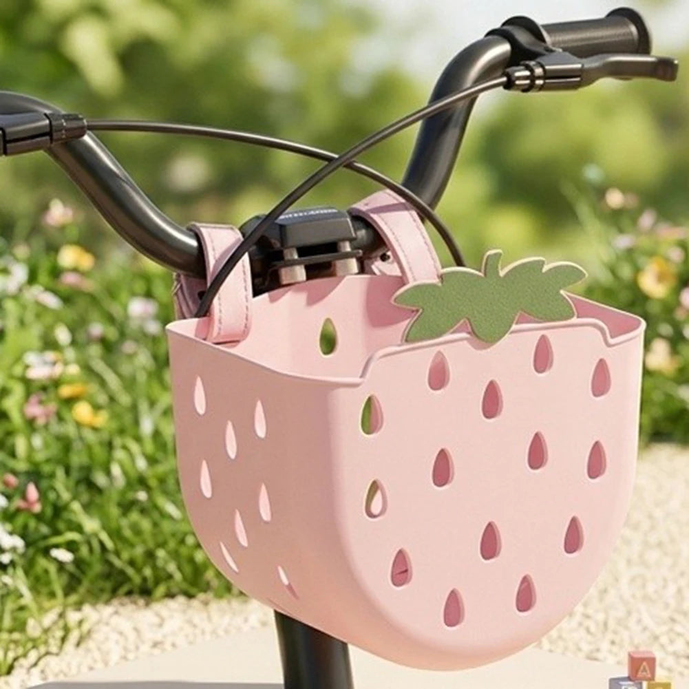 panier vélo enfant rose clair fraises blanches mignon noirs plastique facile