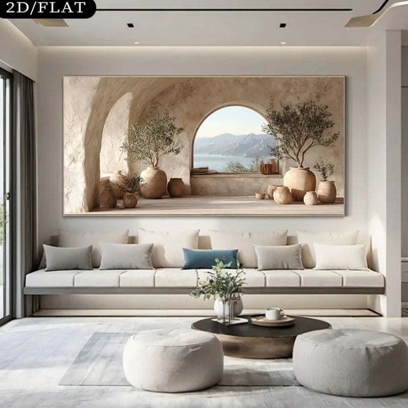 toile d'art moderne paysage architectural oliviers mer méditerranée minimaliste sans cadre