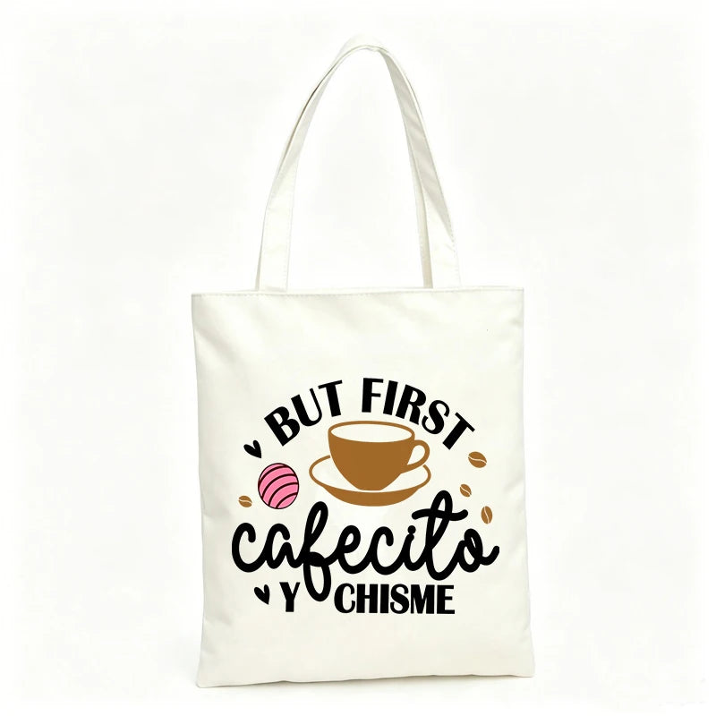 sac main toile blanc imprimé cafecito chisme poignées tissu moderne casual