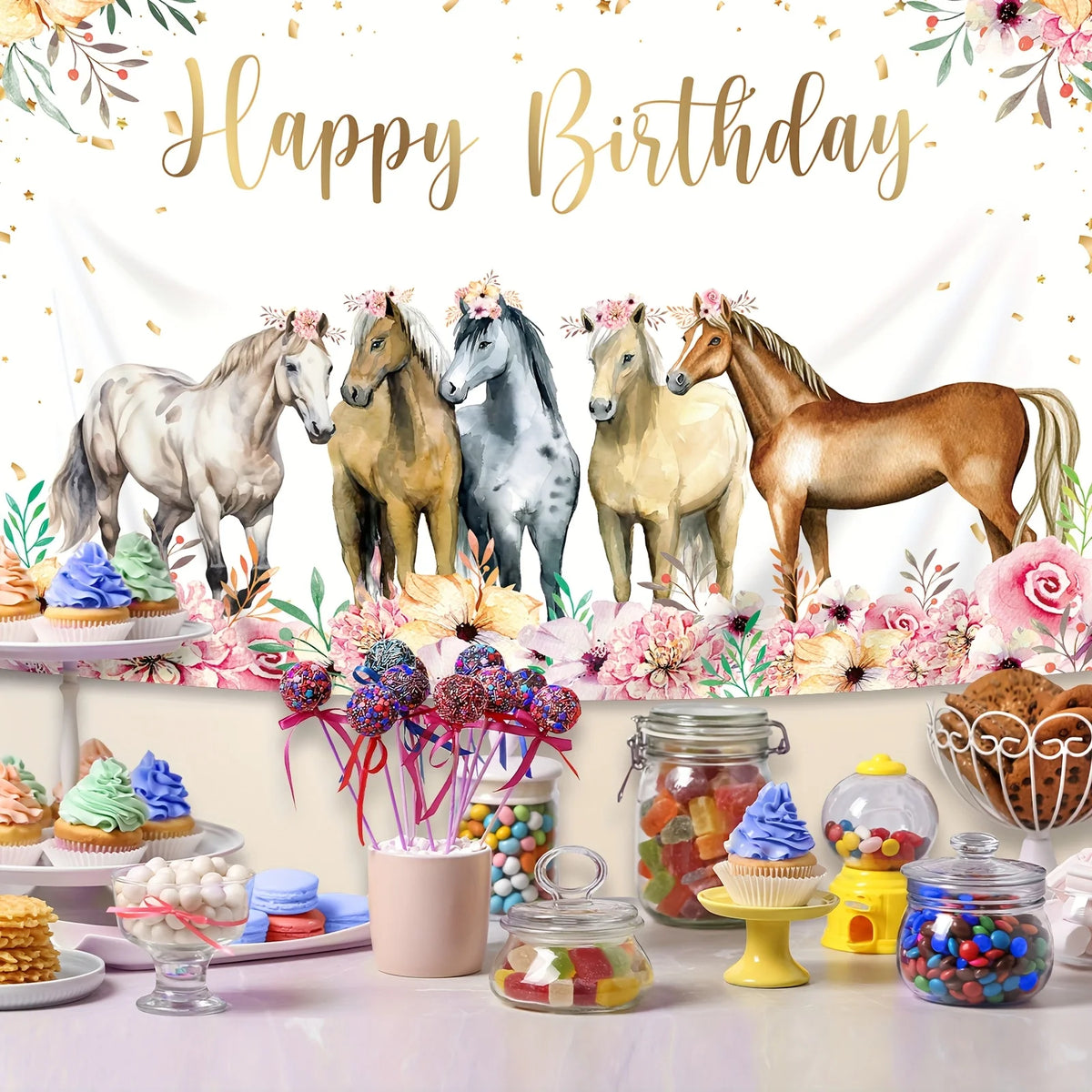 toile fond anniversaire chevaux fleurs dorées fête décoration festiveOpaque cupcakes bonbons macarons