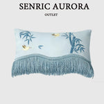 housses coussins brodés oiseaux bambou bleu jaune vert olive rose carré franges velours sofa