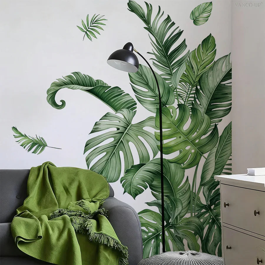 sticker mural moderne feuilles tropicales grandes tailles décoration maison autocollant vert blanc 3d removable