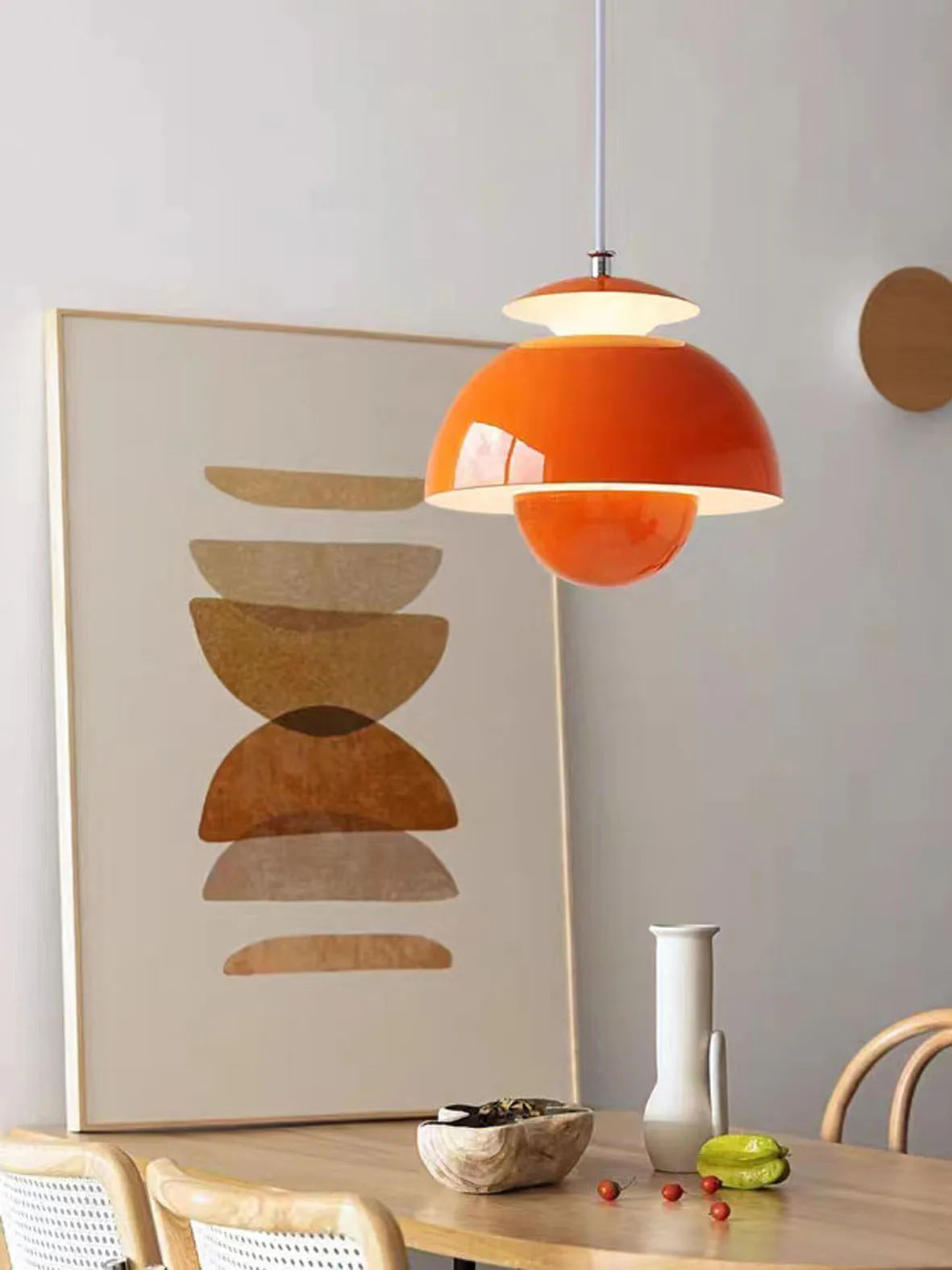 lumière suspendue moderne scandinave deux demi sphères concentriques salon chambre étude orange vert noir