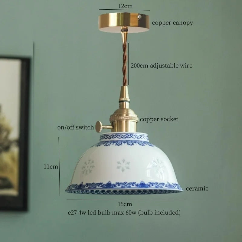 lampe suspendue céramique fleurs blanc bleu canopée cuivre classique 4w max 60w e27