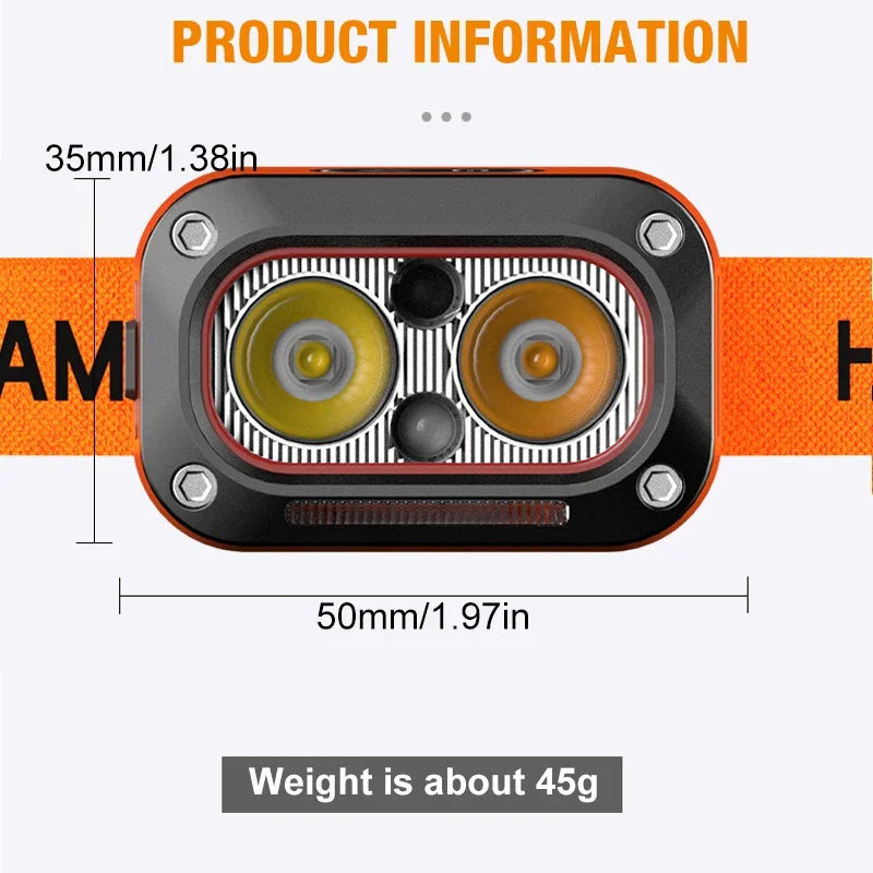 lampe frontale led rechargeable orange sportive bande élastique modes usb câble jaune rouge