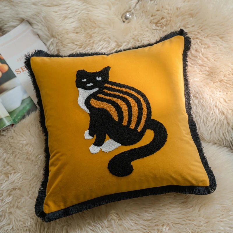 taies d'oreiller brodées chat yeux velours jaune noir modernes décoratives lit voiture 45x45