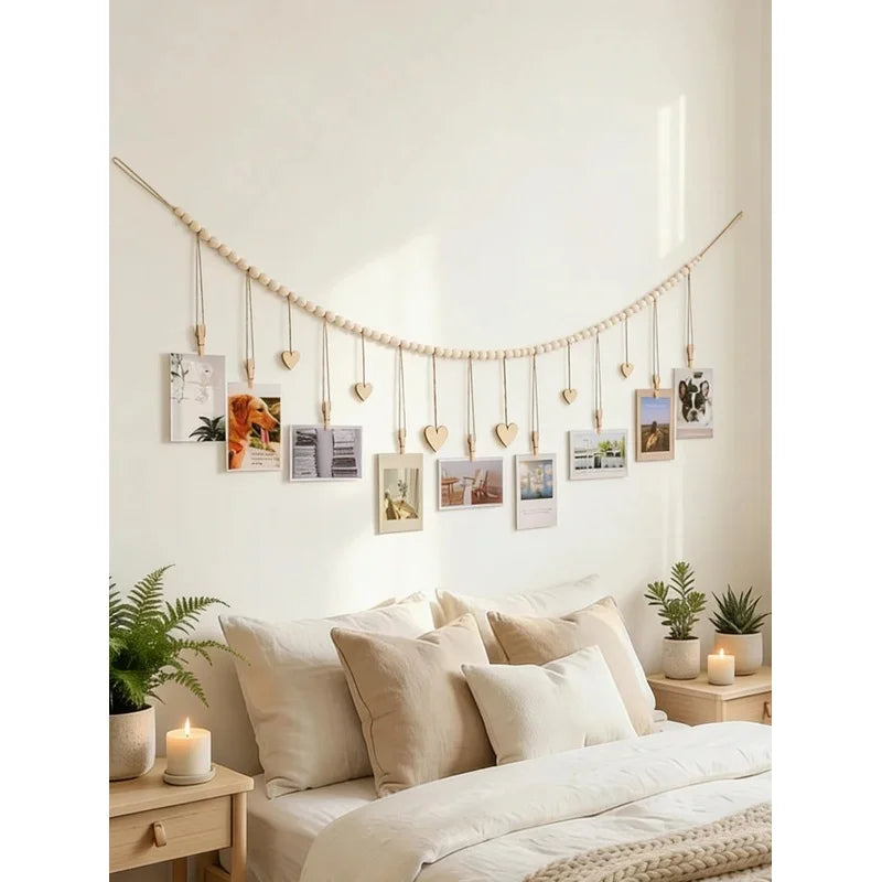 décoration murale boho guirlande coeurs bois photos clips chambre rustique moderne