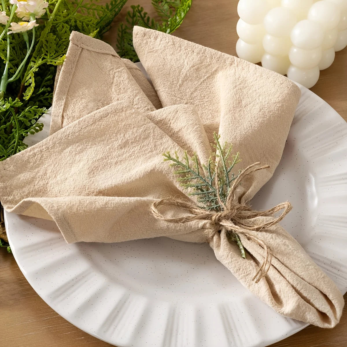 lot serviettes coton texture lin broderie rustique broches ruban jute