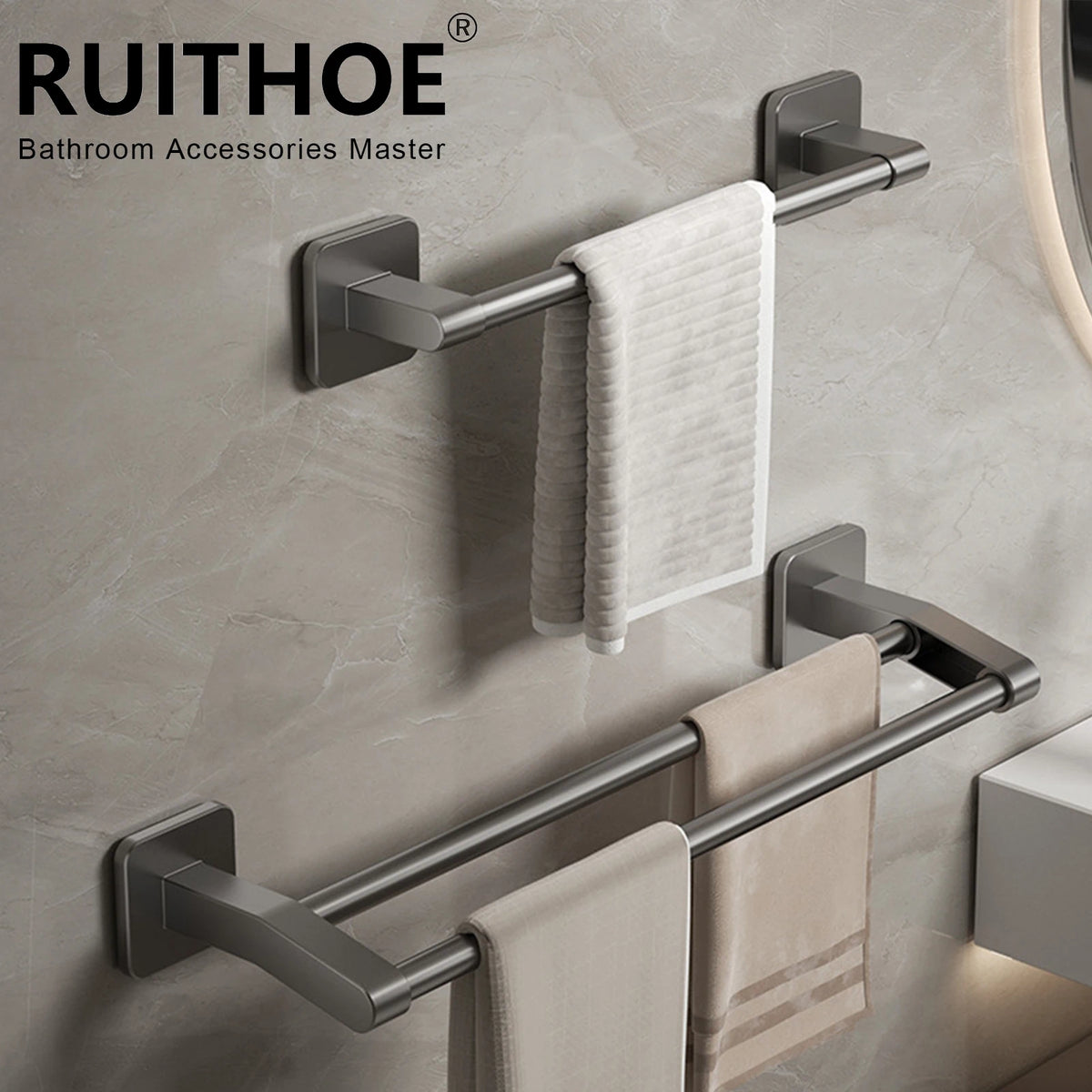 porte serviettes mural gris lisse double barre 30 40 50cm moderne minimaliste fixations murales