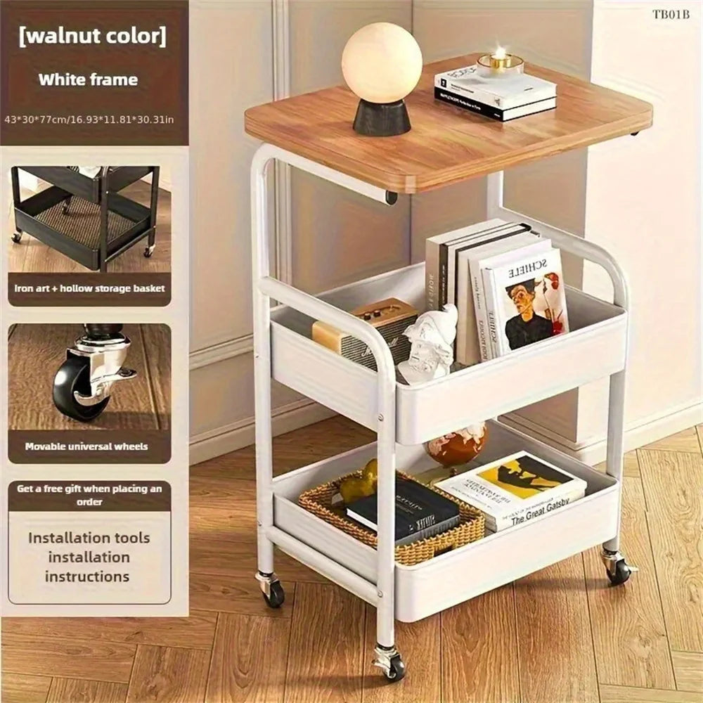 chariot rangement moderne bois naturel blanc trois niveaux roulettes plateau bois massif structure métallique