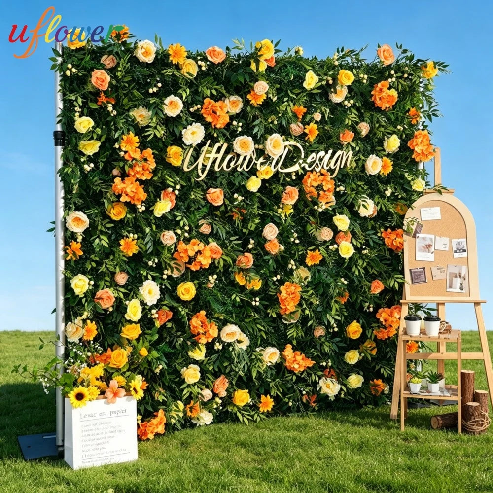 panneau floral décoration événementiel intérieur vert orange roses feuilles texturées fixations charnières événements decoration
