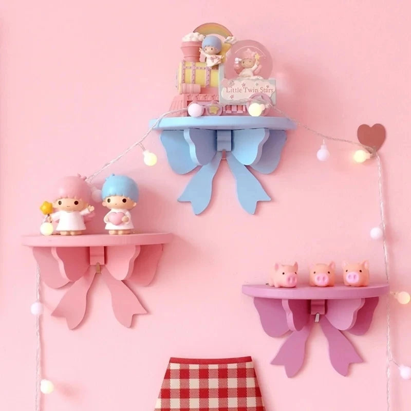 étagères murales kawaii bois rose enfant noel figurines décorations chambre étoiles cœur guirlandes lumineuses