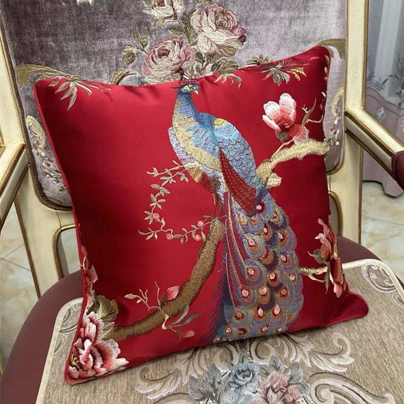taie d'oreiller brodée oiseau pavillon fleurs 45x45cm polyester bleu clair rouge beige decorative sofa