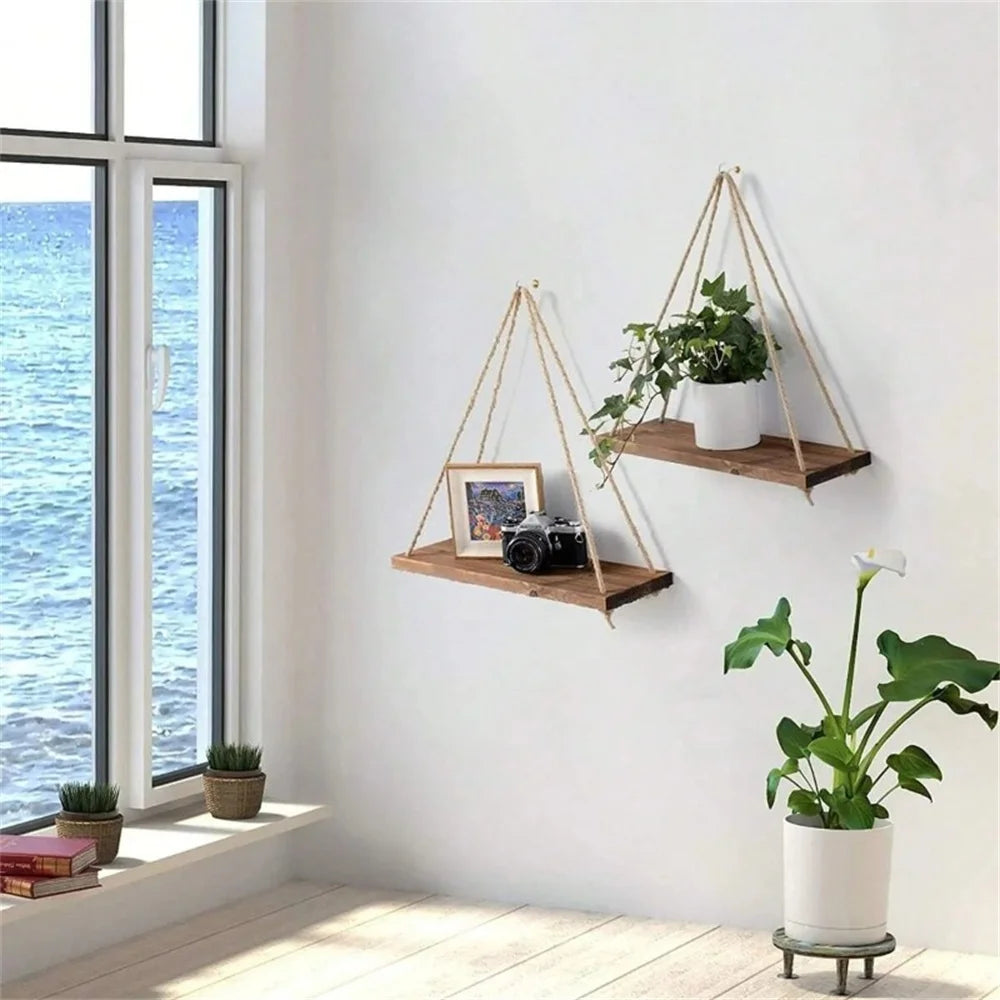 étagère suspendue bois naturel rustique moderne cadre photo plante horloge vase