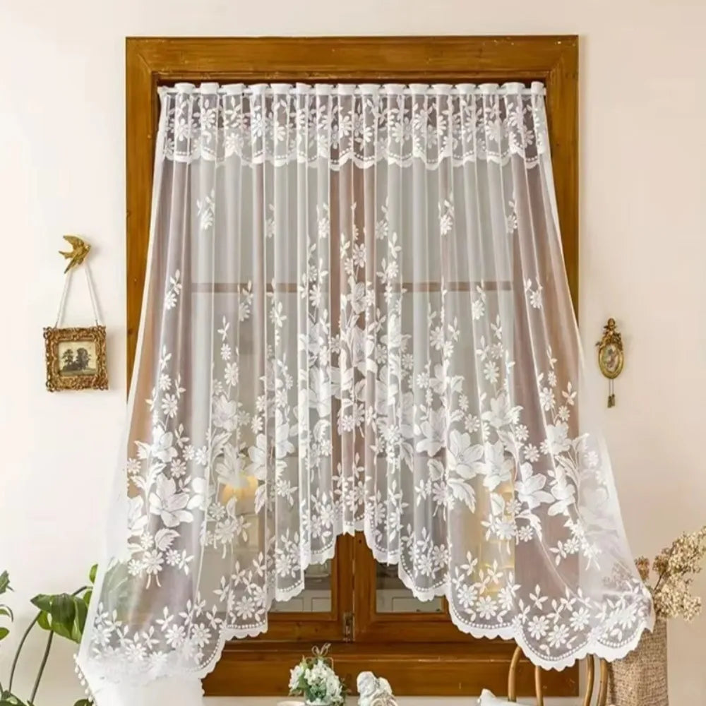 rideau floral dentelle polyester blanc translucide vintage champêtreextérieur fixe single panel