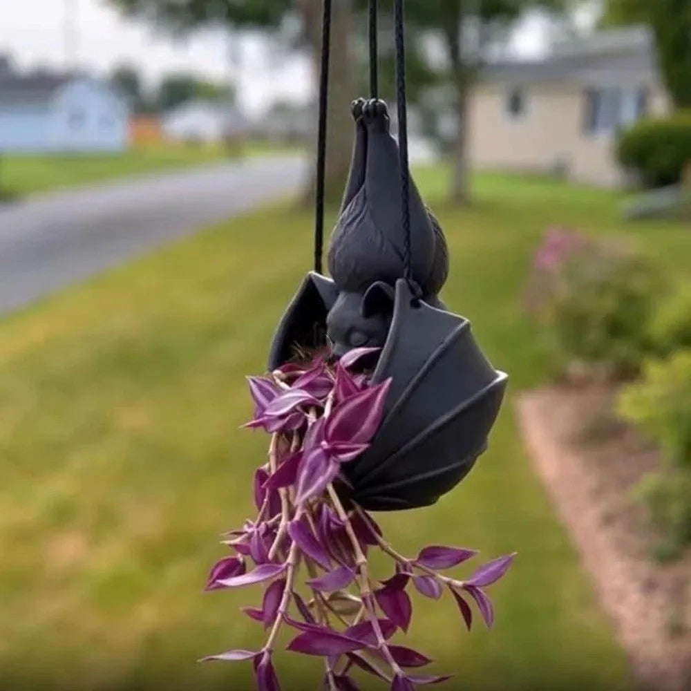 cache pot suspendu chauve souris noir gothique original halloween sculpté opacité cordelette