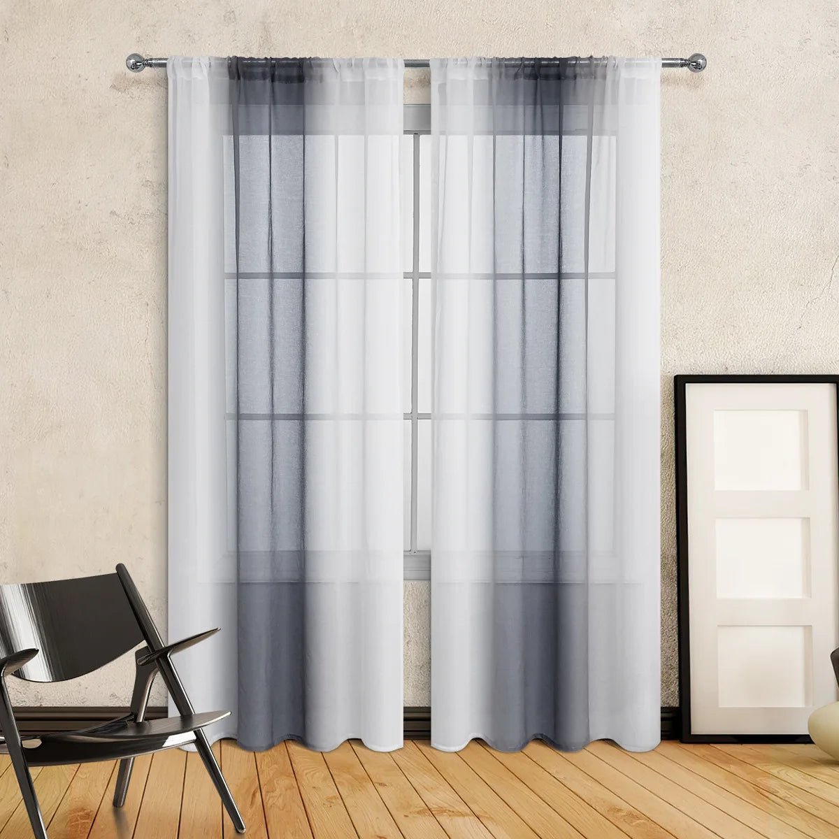 rideau gris blanc moderne translucide tissu lin coton carreaux panneaux chambre salon