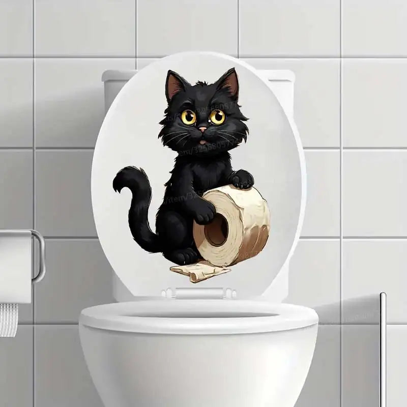sticker mural chat noir papier toilette adhésif pvc illustration réaliste salle bains décoration
