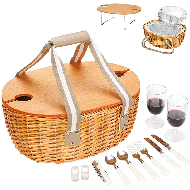 panier pique nique tressé osier assiettes couverts verres vin fruits gâteau classique poignées cuir