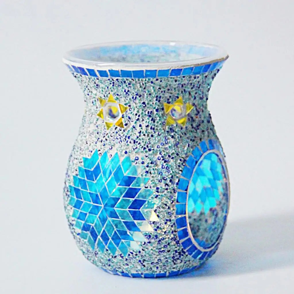 bougeoir verre mosaïque multicolore rouge bleu jaune artisanal décoration intérieure brûleur huile cire parfumée