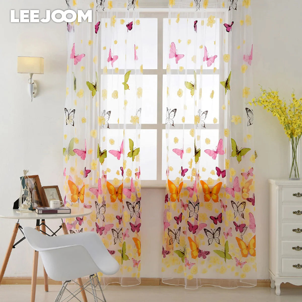 rideau moderne transparent papillons colorés salon polyester inclusion blanc jaune rose vert noir