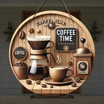 cadre mural vintage coffee time tasse cafetière grains bois naturel rustique