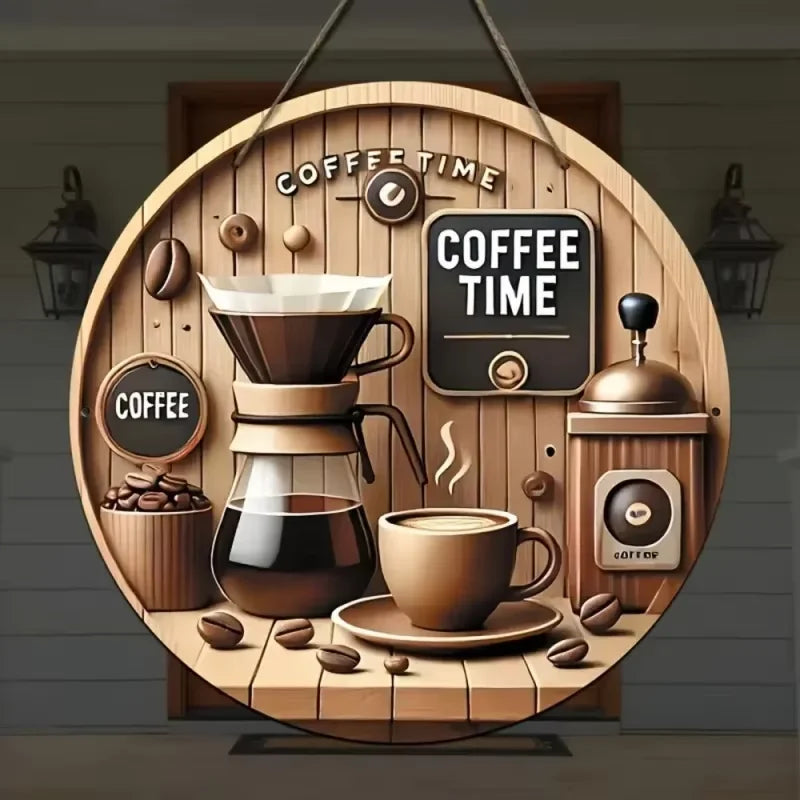 cadre mural vintage coffee time tasse cafetière grains bois naturel rustique