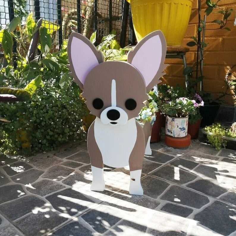 cache pot chien forme cartoon blanc beige marron noir rose vert détails visage plante