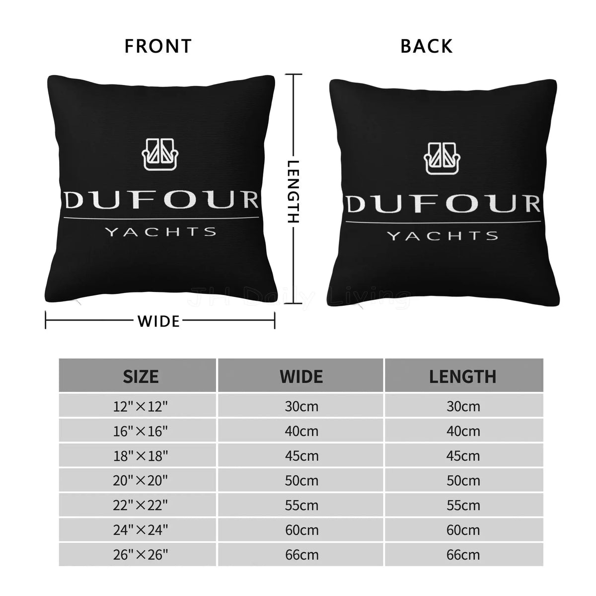 coussin décoratif noir blanc logo DUFOUR YACHTS moderne nautique 45x45cm polyester jacquard