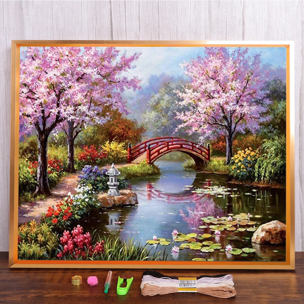 broderie paysage fleurs feuilles multicolore artisanal toile coton fil aiguille guide couleurs échantillons