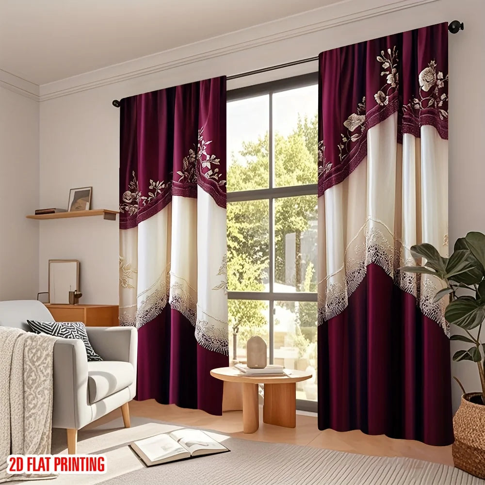 rideaux imprimés fleurs blanches rouge bordeaux beige bordure dentelle opaqueness salon moderne