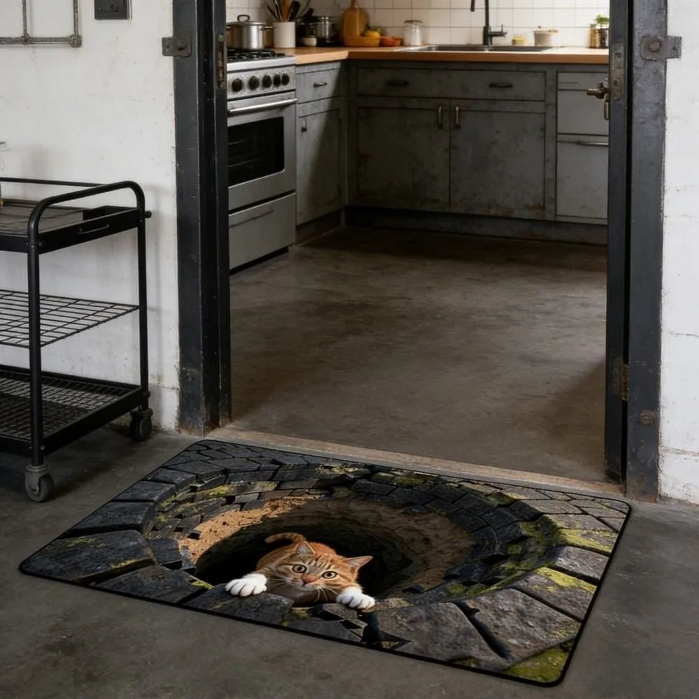 tapis noir gris illustration chat trou gravure réaliste antidérapant absorbant eau durable salon chambre