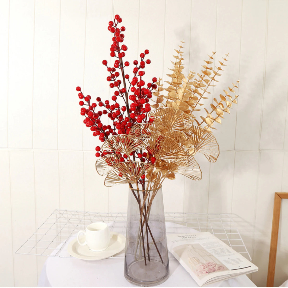 bouquet artificiel moderne feuilles coeurs or rouge décoration élégante intérieur extérieur noël mariage