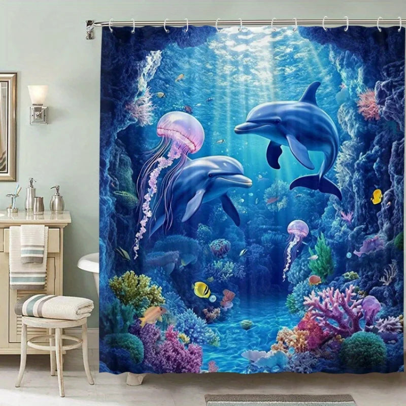 rideau douche sous marin dauphins méduses corail bleu rose moderne opacité océan polyester