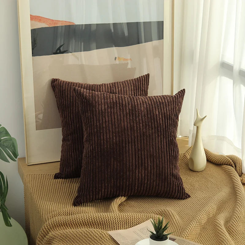 taies d'oreiller côtelées marron beige bleu moderne housse coussin lit chambre 45cm carré polyester