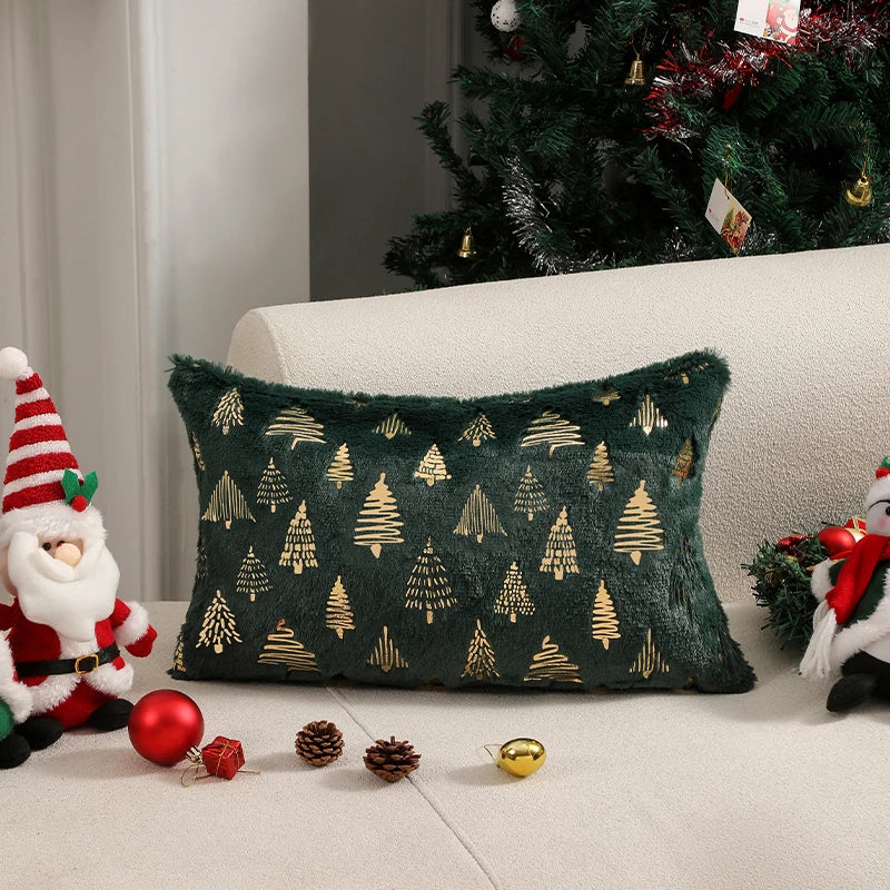 coussin peluche motif sapins dorés vert foncé festif 45x45cm
