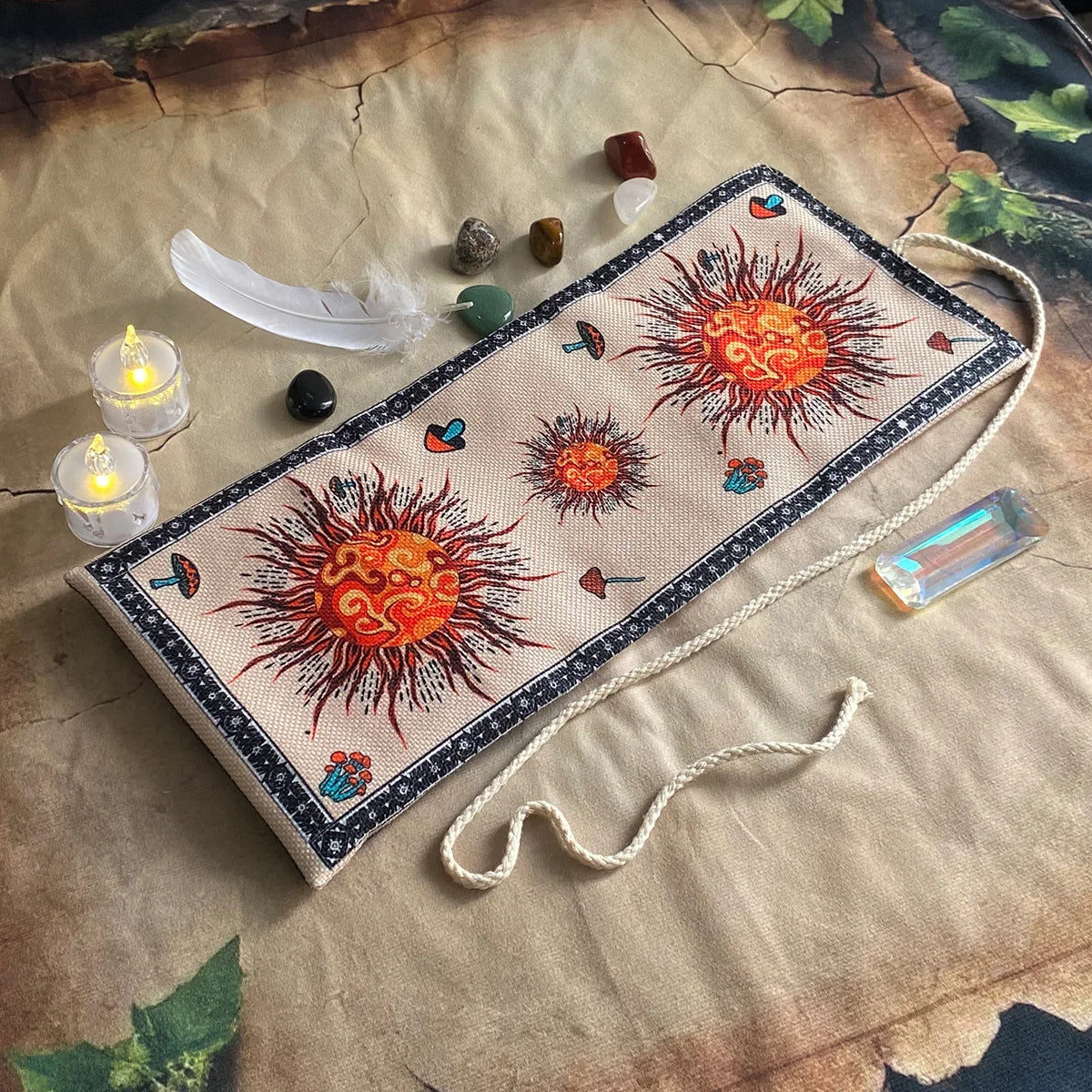sac rangement polyestère multicolore motifs floraux astrologie tarot cartes plume pierres semi précieuses boho