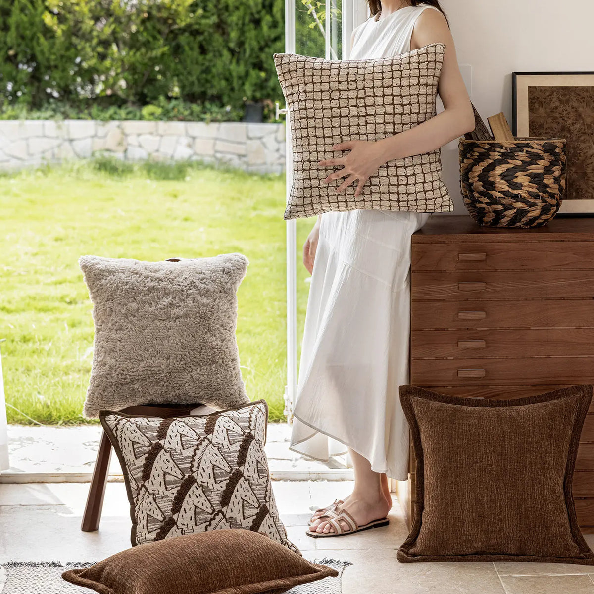 housse coussin géométrique polyester texture douce nordique moderne marron clair beige foncé