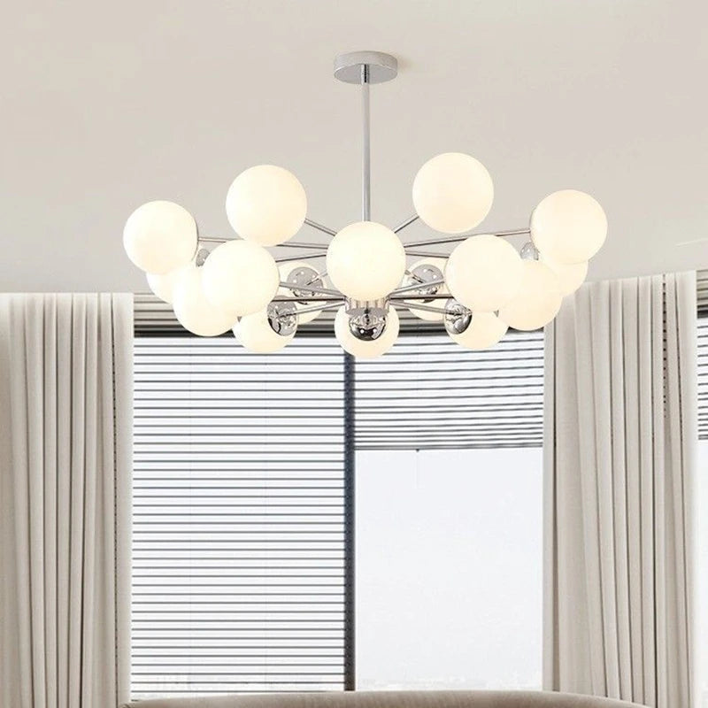 lampe suspension moderne chrome douze sphères translucides luminaire salon chambre cuisine blanc
