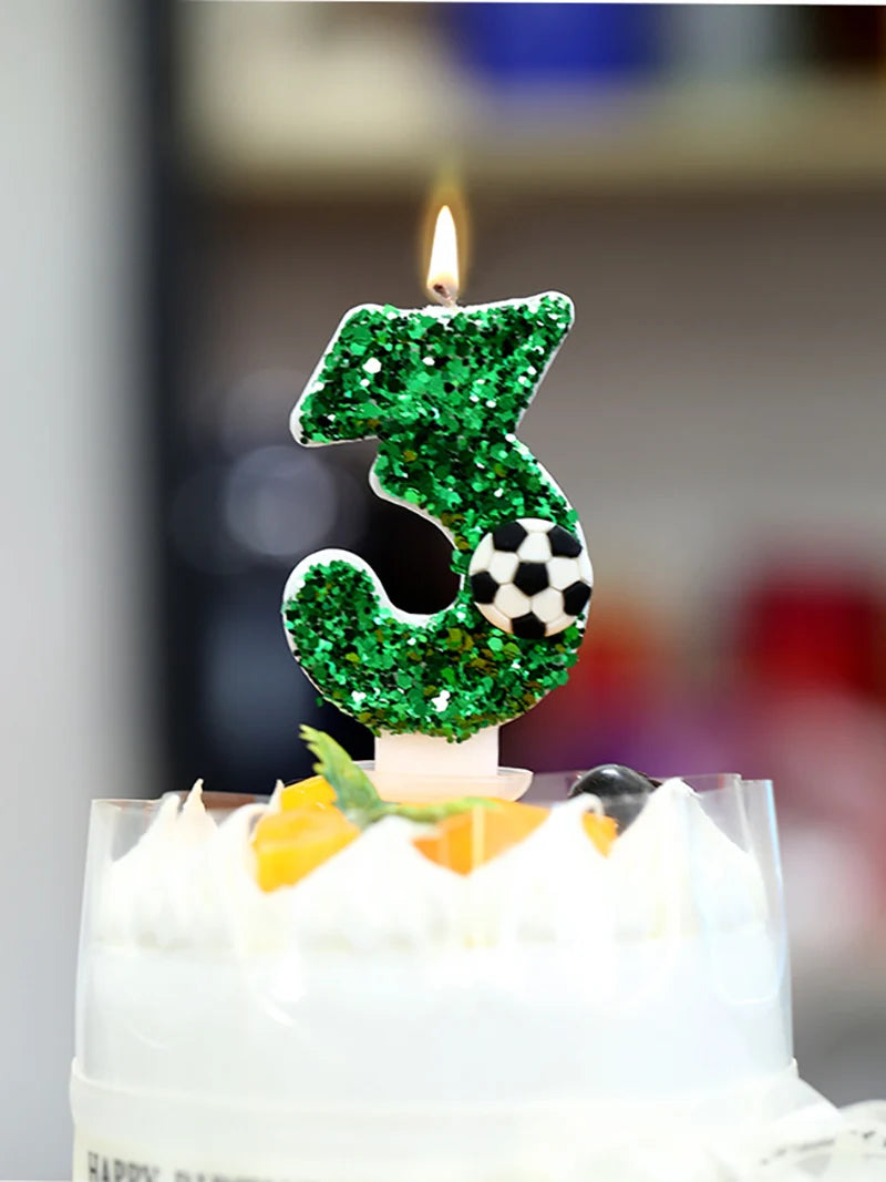 bougies anniversaire numérotées vertes paillettes ballon football décoratives enfants gâteau fête sportive