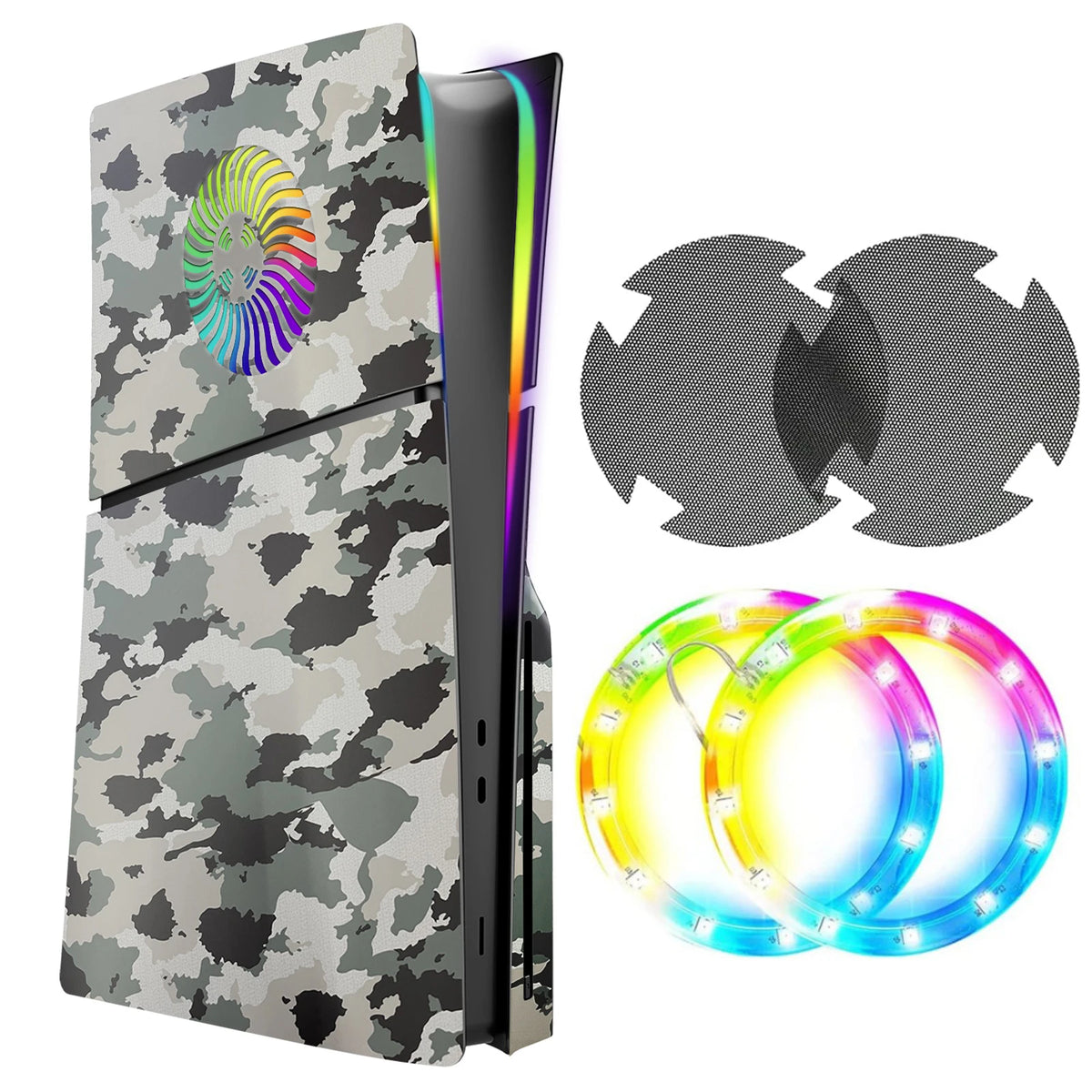 console jeu moderne anneaux led ruban rvb camouflage noir rouge