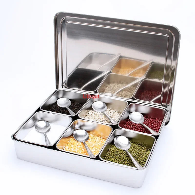 boîte épices argentée moderne cuillères épices incluses distributeur condiments inoxydable respectueux l'environnement